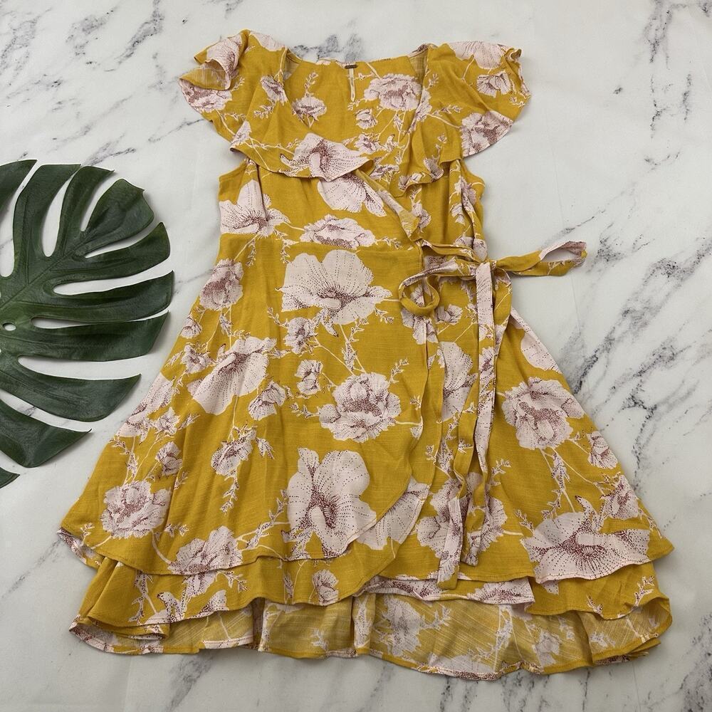 Free People French Quarter Wrap Mini Dress Size XS Yellow Floral Ruffle Flutter